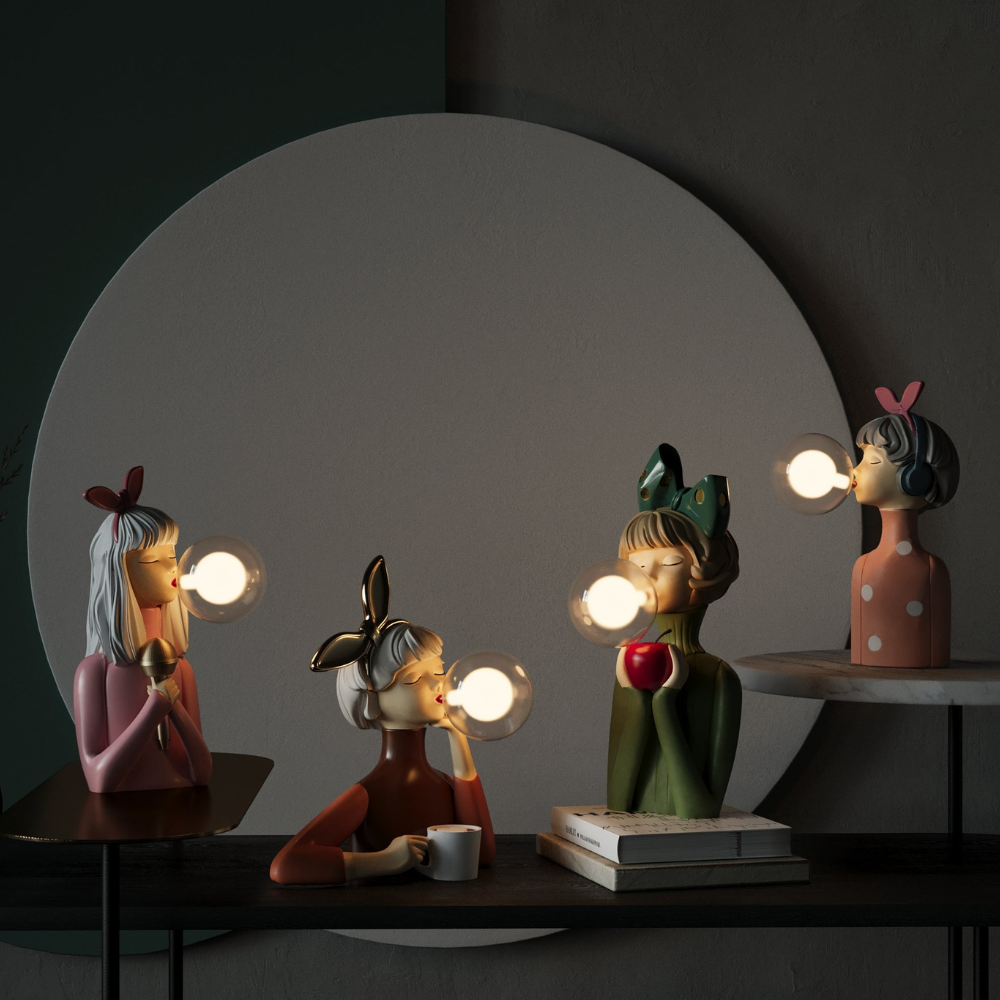 Girl Figurine Lamp with Glass Bubble Orb - Whimsical Pop Art Decor