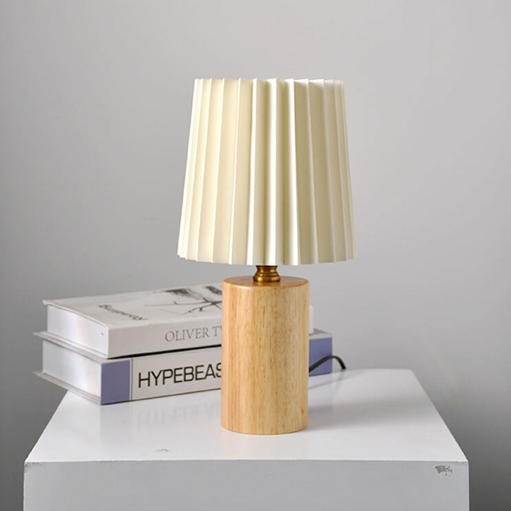 Mid-Century Modern Pleated Fabric Table Lamp with Wood Base