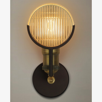 Industrial Wall Sconce with Fresnel Glass Lens - Vintage Ribbed Brass