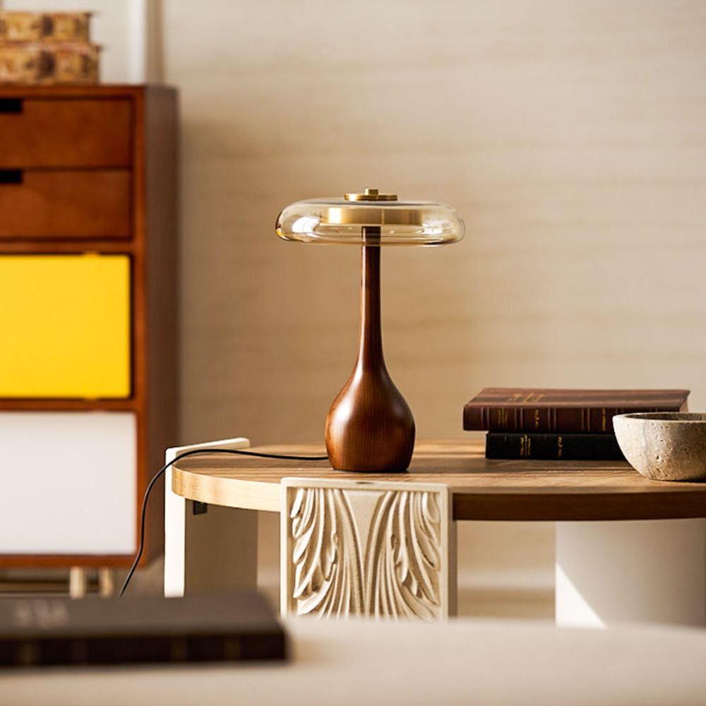 Mid-Century Modern Amber Glass and Walnut Wood LED Mushroom Table Lamp
