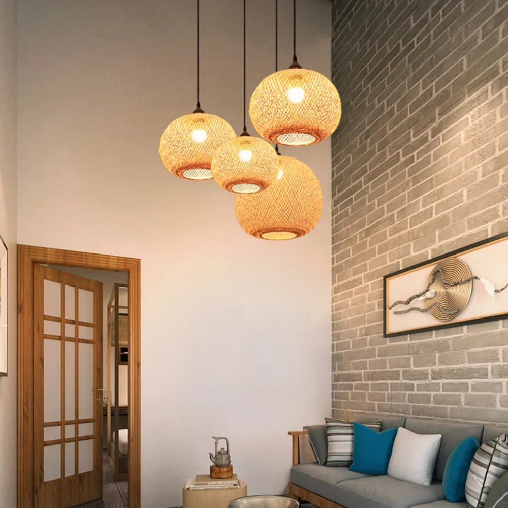 Hand-Woven Bamboo Sphere Pendant - Modern Lattice Hanging Lamp