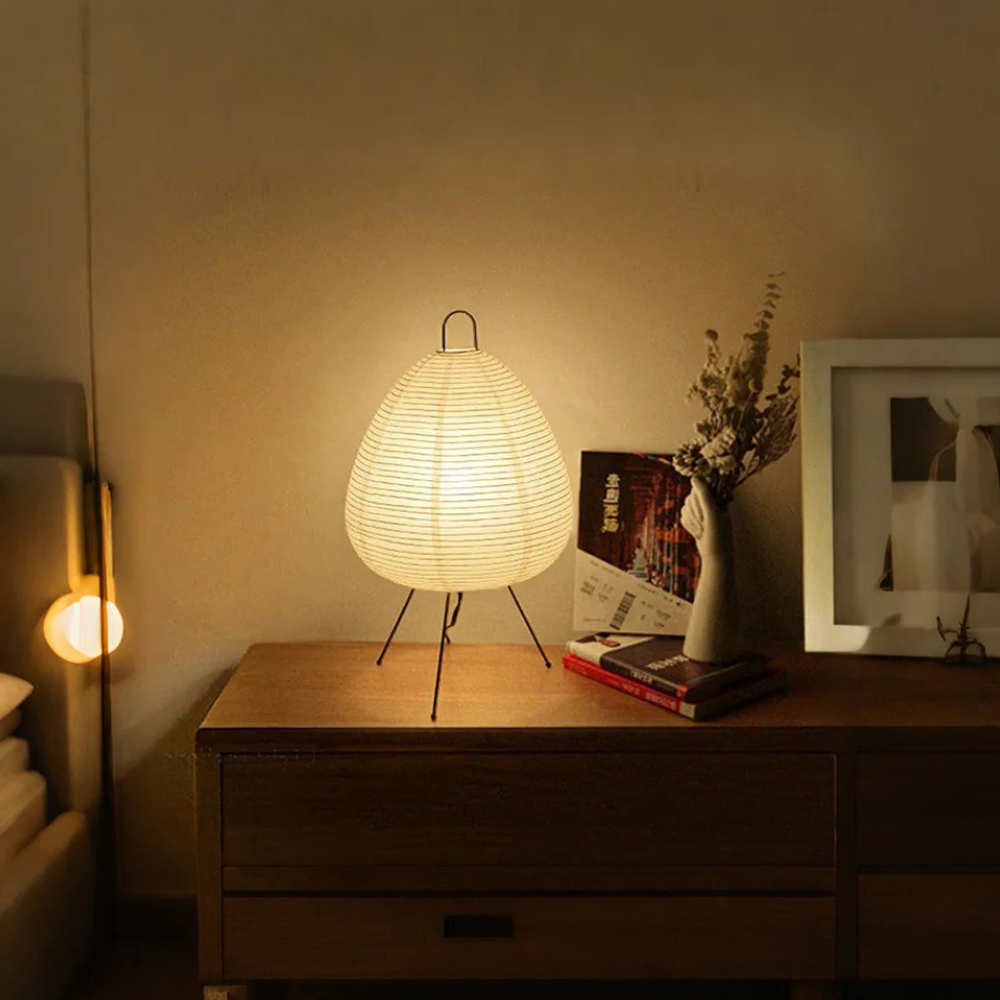Paper Lantern Table Lamp with Tripod Metal Base - Mid Century Japanese