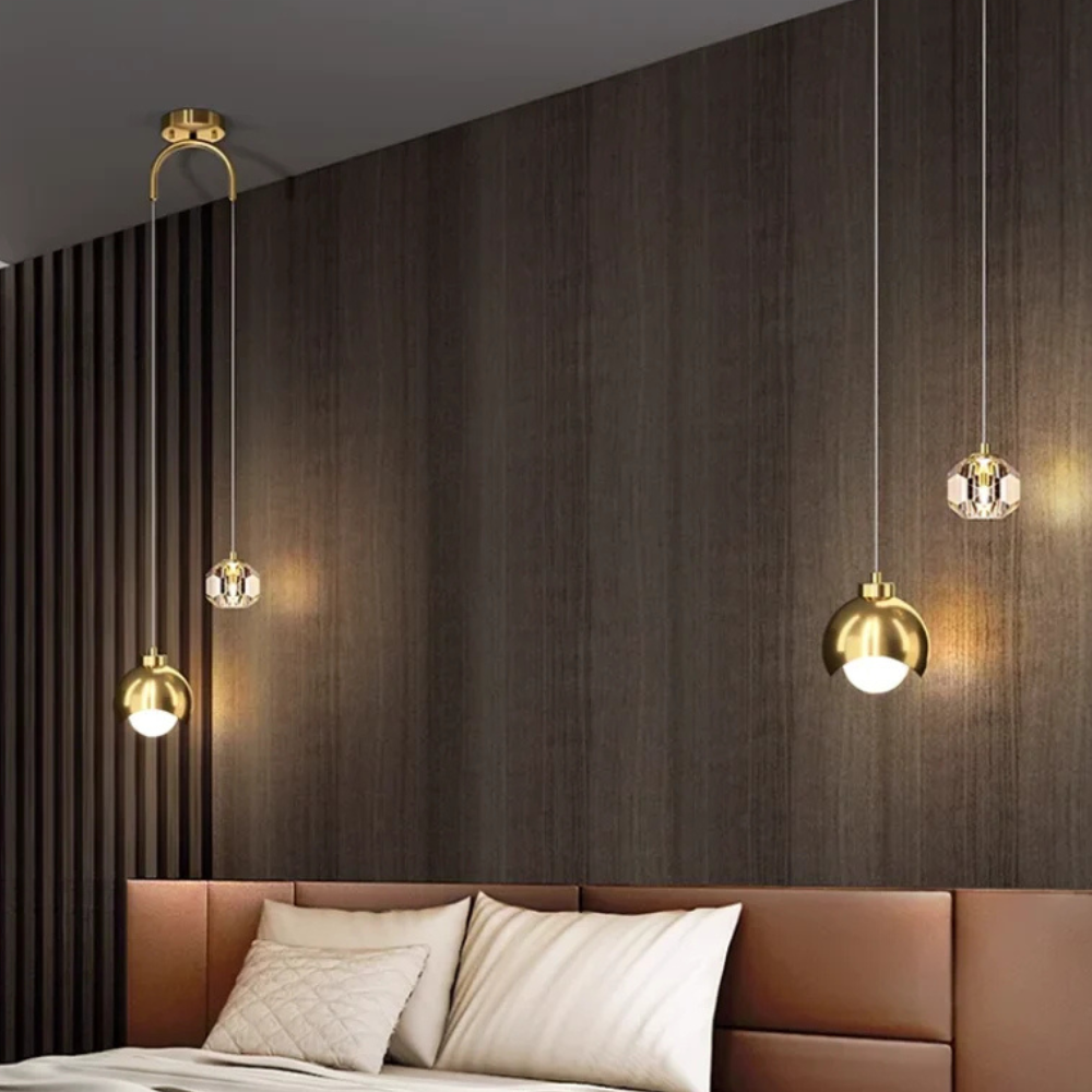 Dual Staggered Pendant Light with Crystal and Metal Orbs - Modern Nordic Art