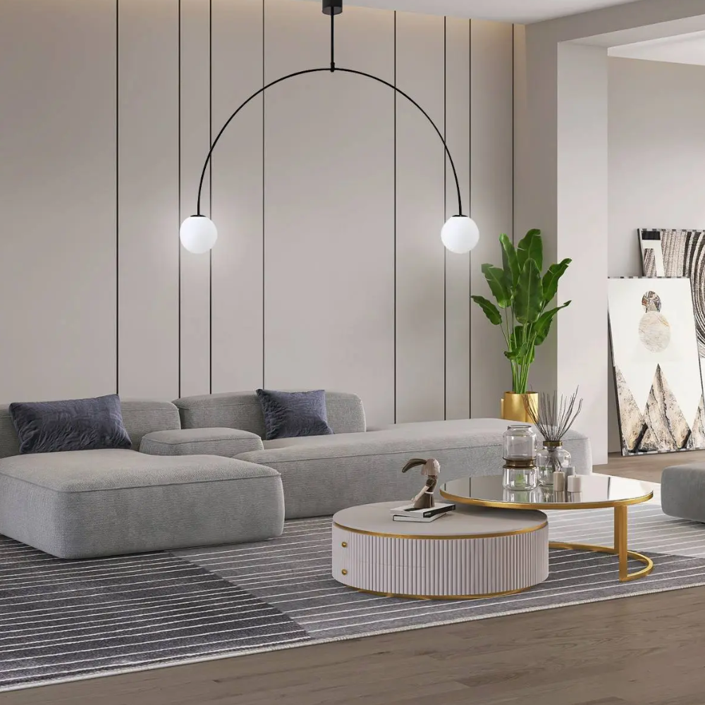 Chandelier with Arched Metal Frame and Glass Globes - Modern Mid Century