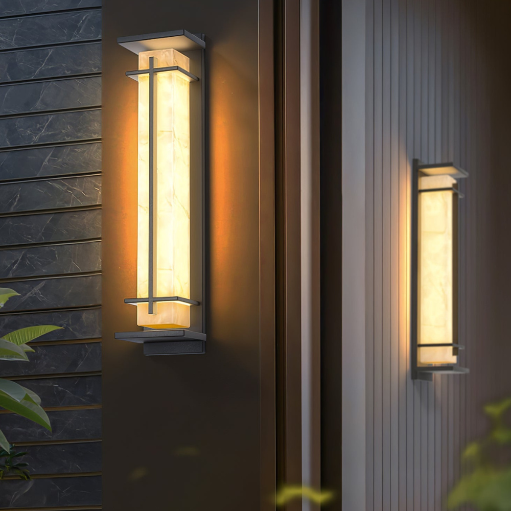 Outdoor LED Porch Lights with Faux Alabaster Column - Modern Mission