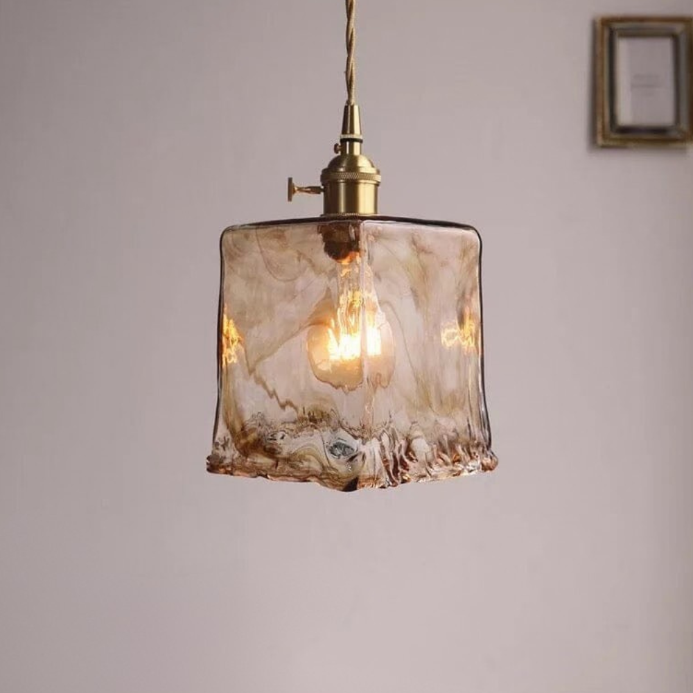 Hammered Glass Pendant Light with Rippled Texture - Vintage Brass Style