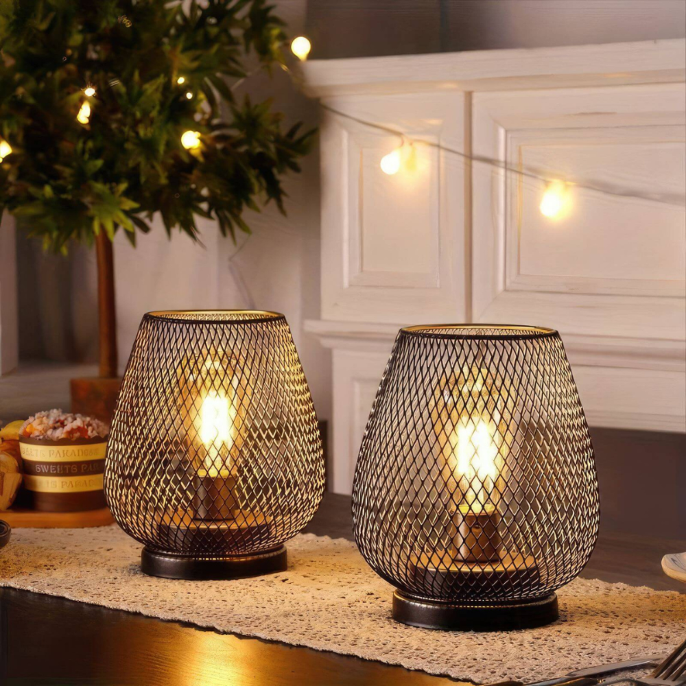 Cordless Iron Mesh Lamp Set for Bedside or Patio