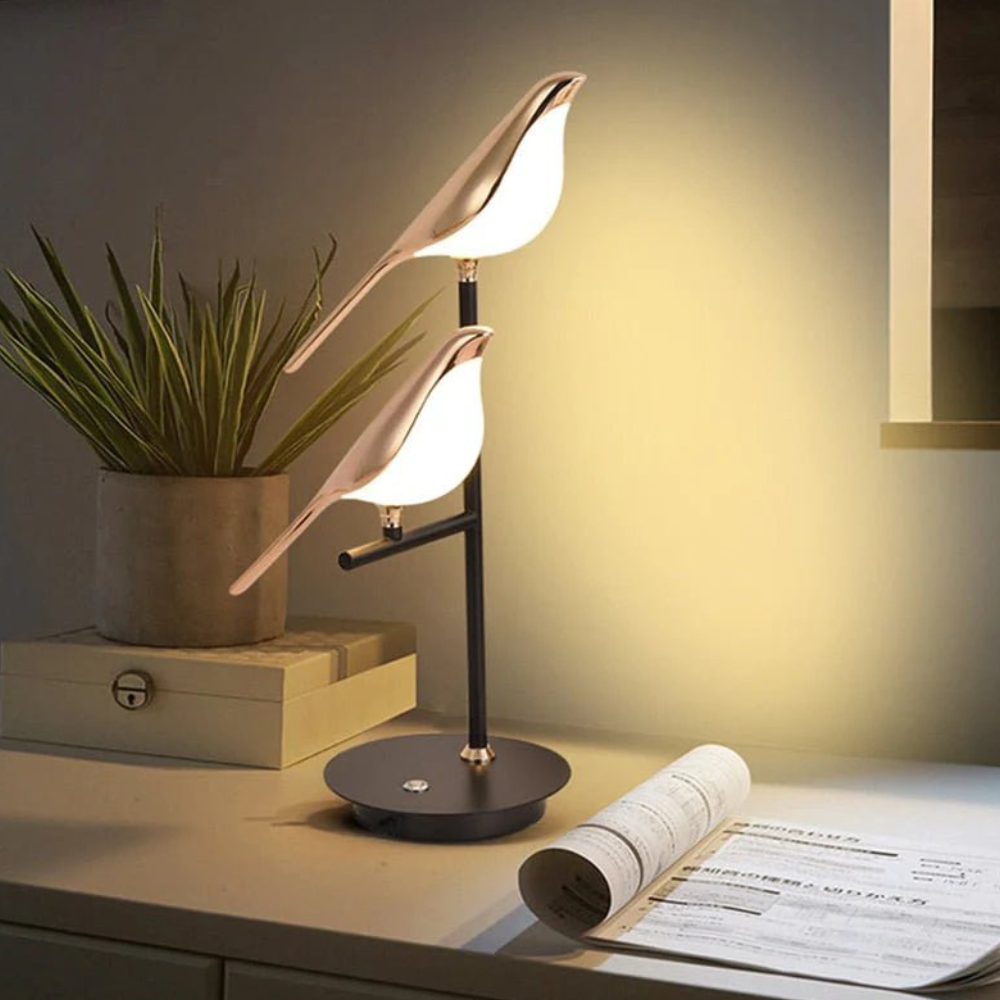 LED Bird Table Lamp with Dual Gold Post-Modern Fixtures - Warm Glow