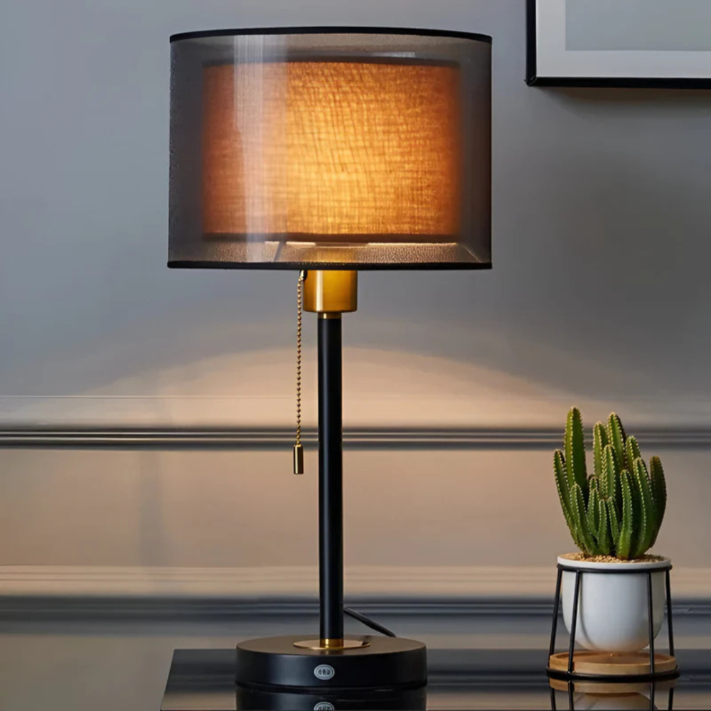 Double Cloth Shade Table Lamp Metal Base - Modern Bedroom Light