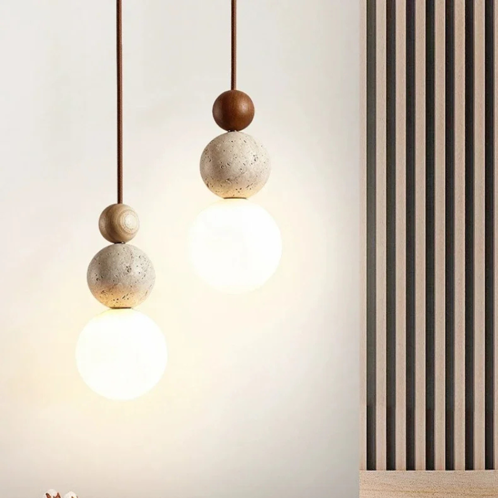 Wabi-Sabi Stacked Sphere Pendant Light - Travertine Stone, Wood, and Glass