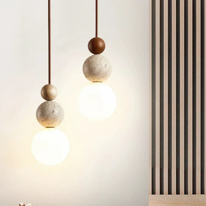 Wabi-Sabi Stacked Sphere Pendant Light - Travertine Stone, Wood, and Glass