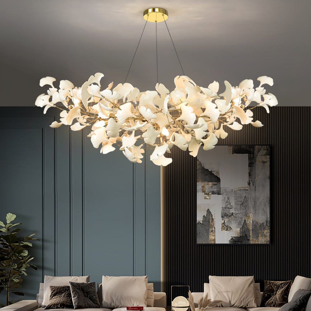 Sputnik Chandelier with Ceramic Ginkgo Leaves - Modern Art Deco