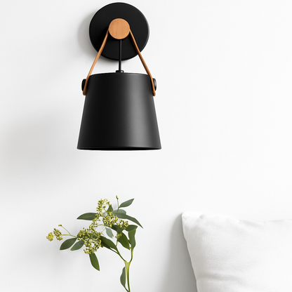 Nordic Leather Strap Wall Sconce with Wood Arm - Modern Conical Hanging Light