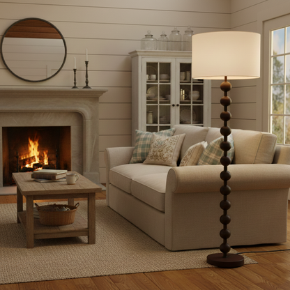 Floor Lamp with Stacked Wooden Spheres and Fabric Drum Shade