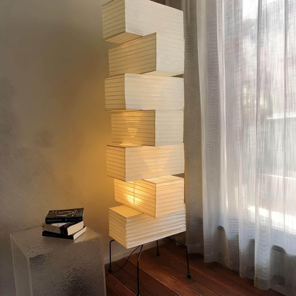 Floor Lamp with Stacked Staggered Rice Paper Lanterns and Metal Hairpin Legs