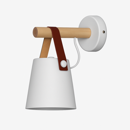 Nordic Leather Strap Wall Sconce with Wood Arm - Modern Conical Hanging Light