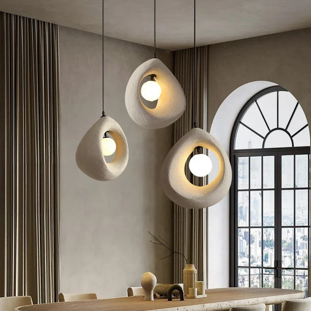 Hollow Stone-Style Hanging Lamp with Glowing Orb - Nordic Earthy Decor