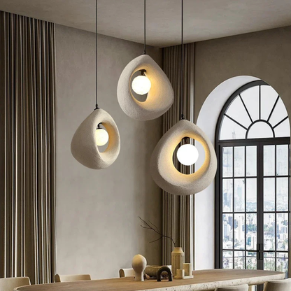 Hollow Stone-Style Hanging Lamp with Glowing Orb - Nordic Earthy Decor