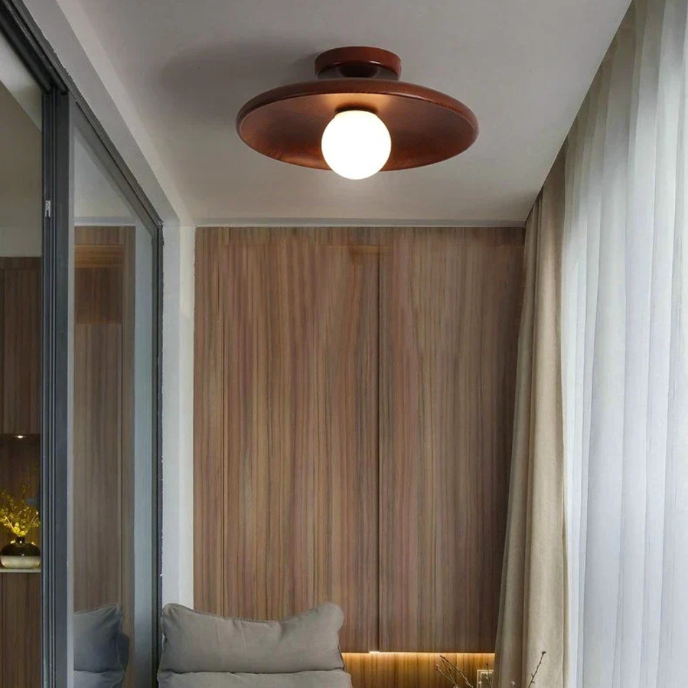 Flush Mount Ceiling Light with Wood Shade - Modern Scandinavian LED