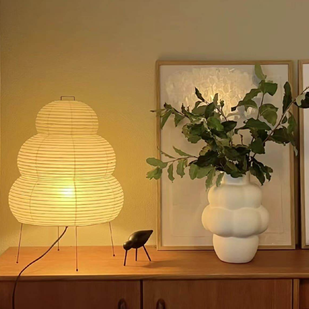 Japanese Rice Paper Table Lamp with Four Legs - Wabi Sabi Tiered Lantern