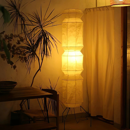 Floor Lamp with Stacked Mulberry Paper Lantern Column and Iron Wire Legs