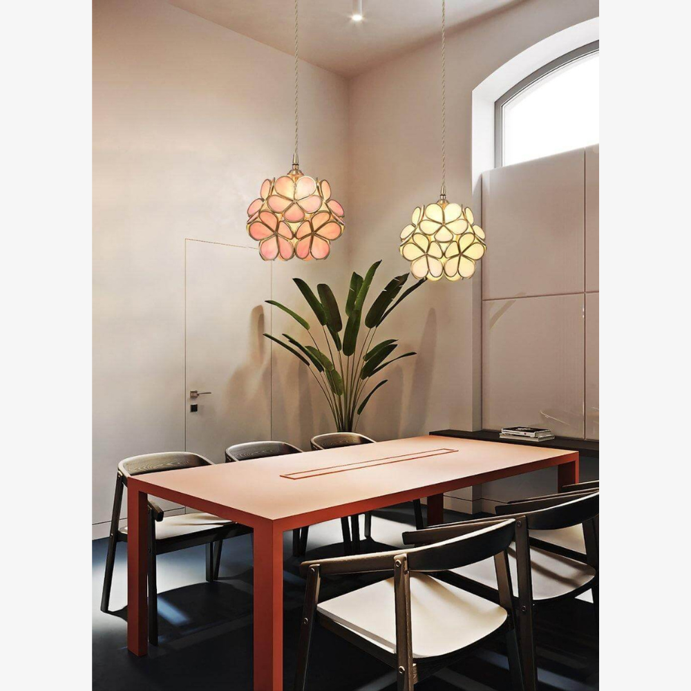 Floral Glass Hanging Lamp with Brass Hardware - Vintage Modern Art