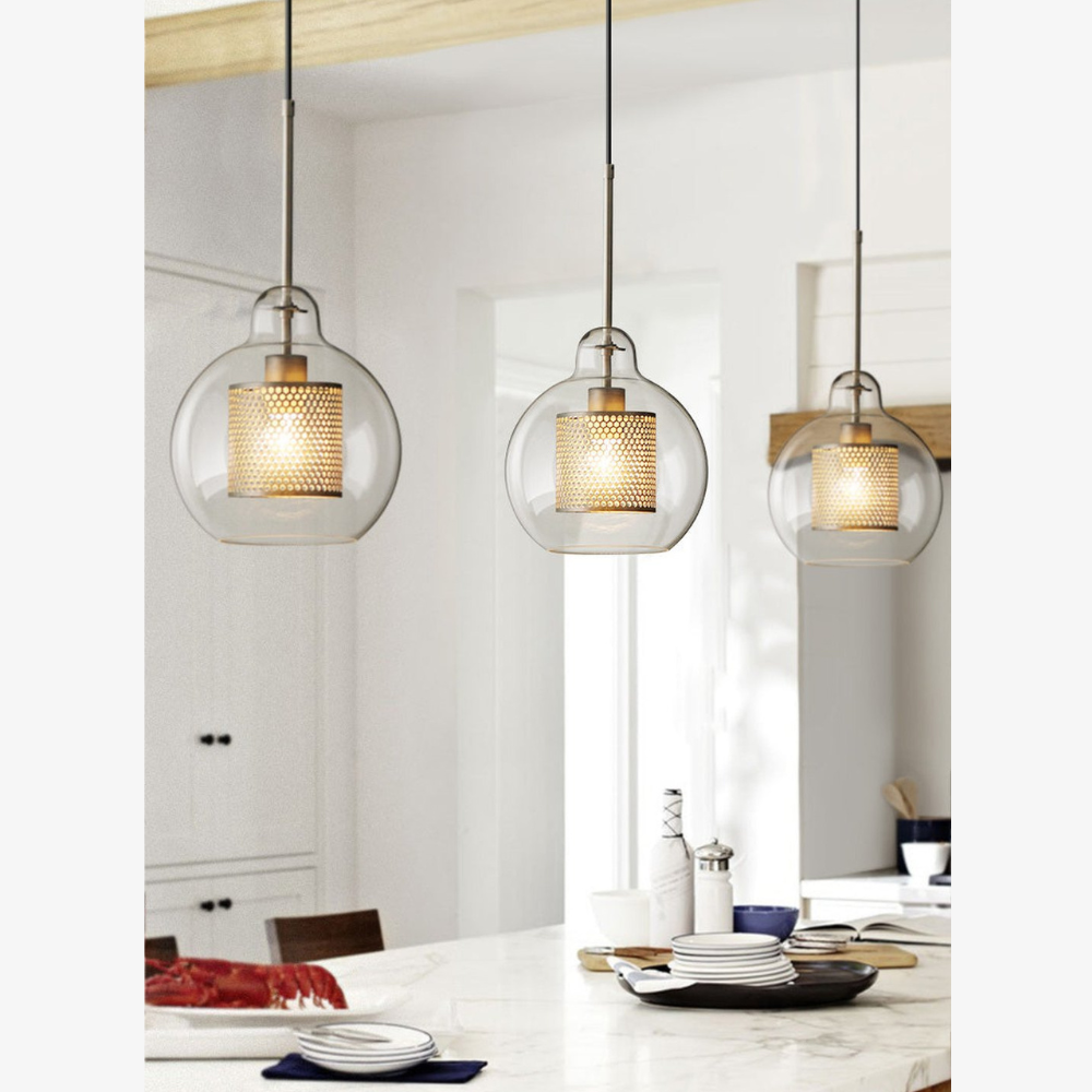 Modern Perforated Metal Glass Pendant - Industrial Layered Mesh Hanging Lamp