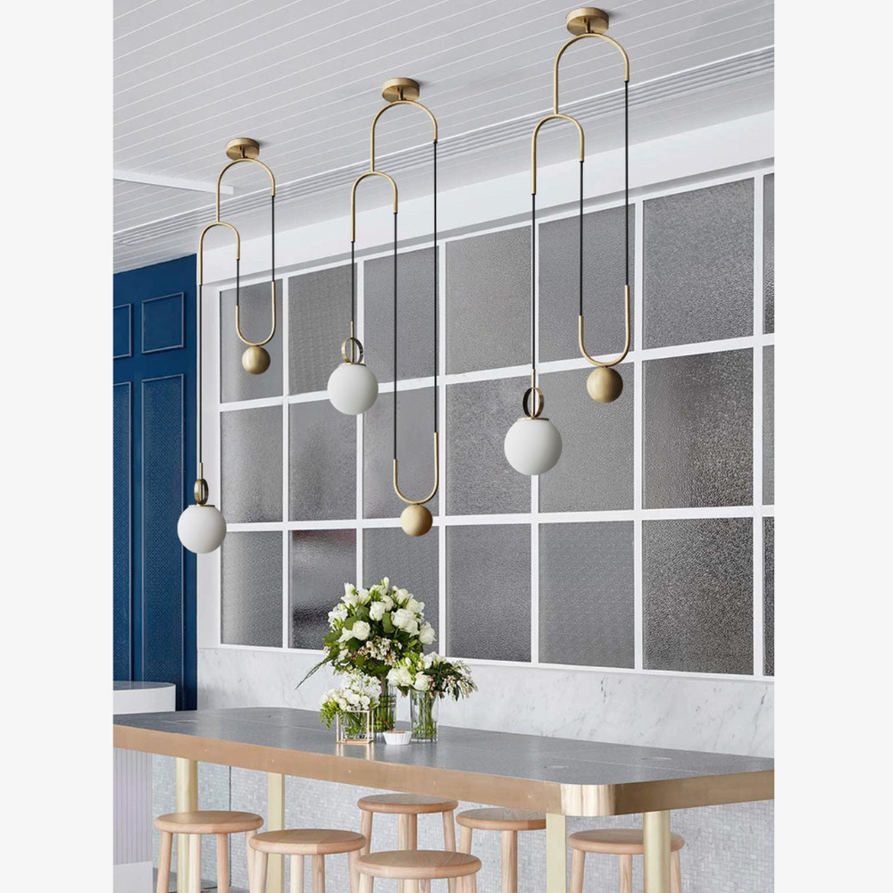 Architectural Brass Arc Ceiling Lamp - Minimalist Frosted Glass Rise-and-Fall Sconce