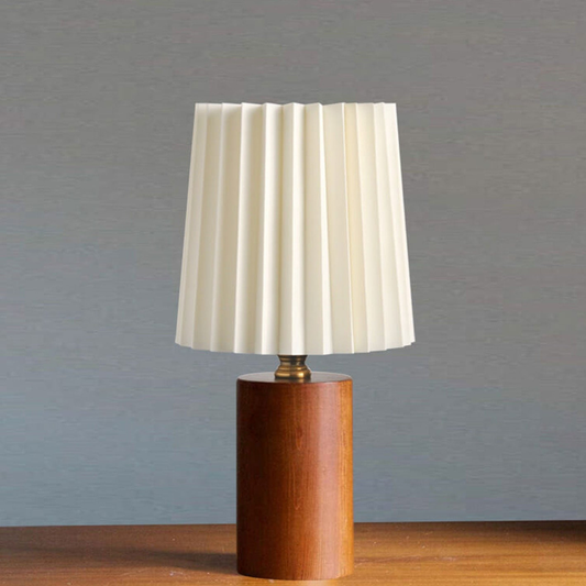 Mid-Century Modern Pleated Fabric Table Lamp with Wood Base