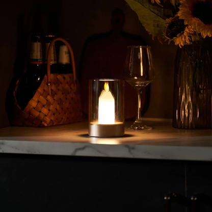 Rechargeable LED Candle Table Lamp with Glass Cylinder - Modern Gold
