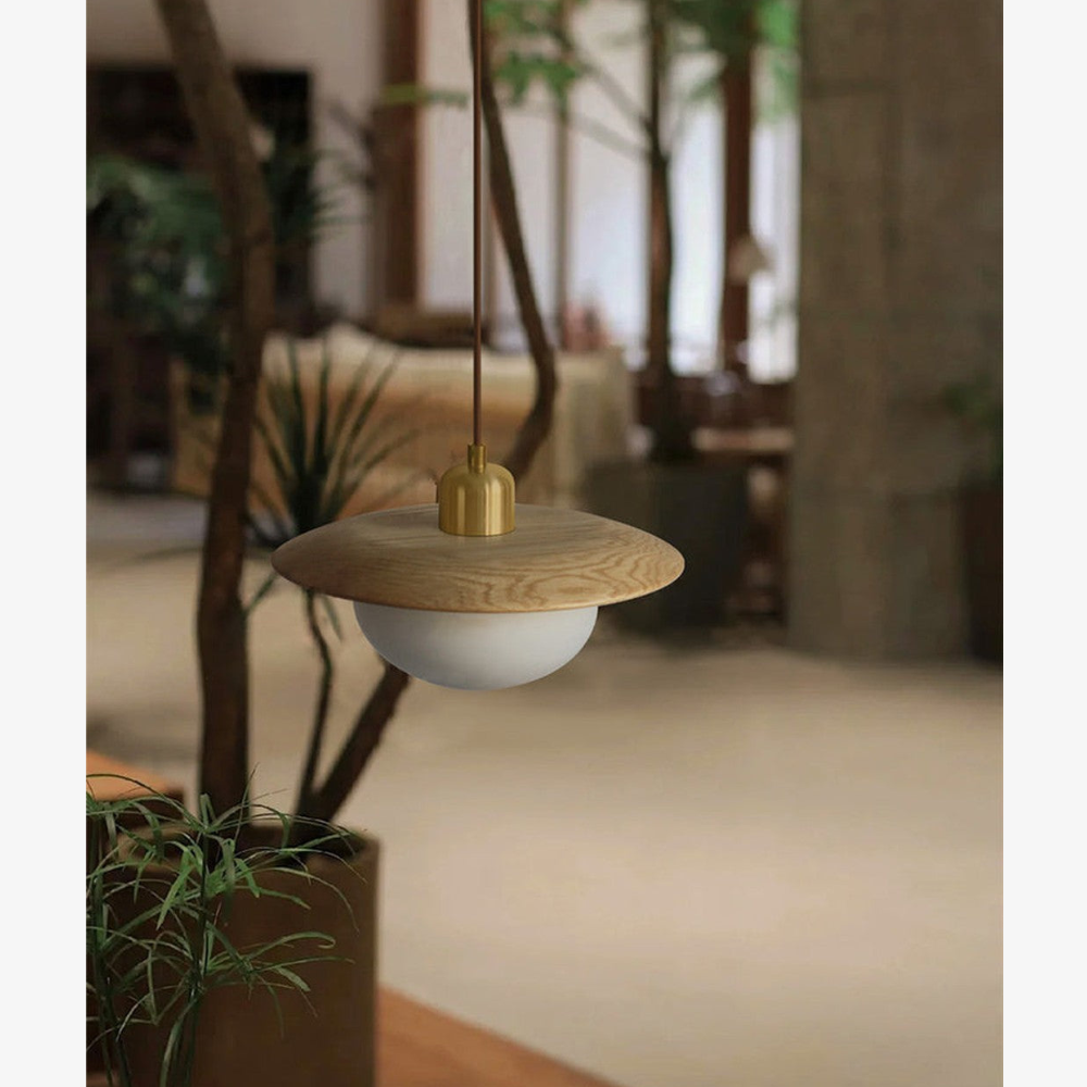 Modern Pebble Glass & Timber Pendant Light - Japandi Disk Pendant Lights