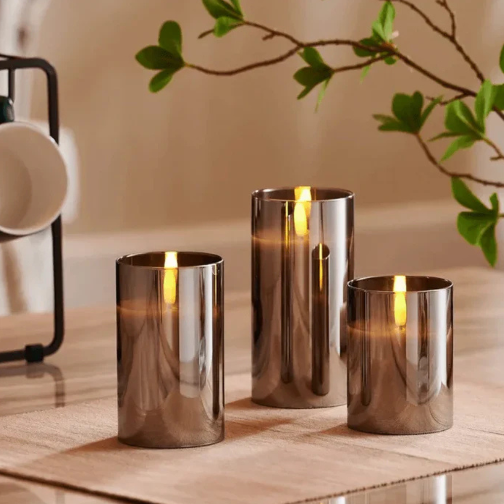 Battery Operated Moving Wick Candles - Minimalist Smoky Glass Set of 3