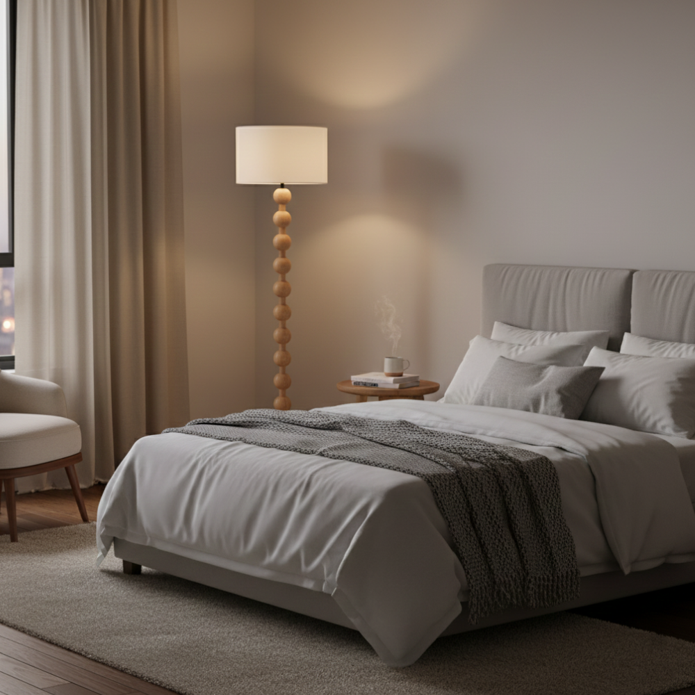 Floor Lamp with Stacked Wooden Spheres and Fabric Drum Shade