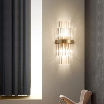Tiered Crystal Prism Wall Sconce with Metallic Band - Art Deco Style