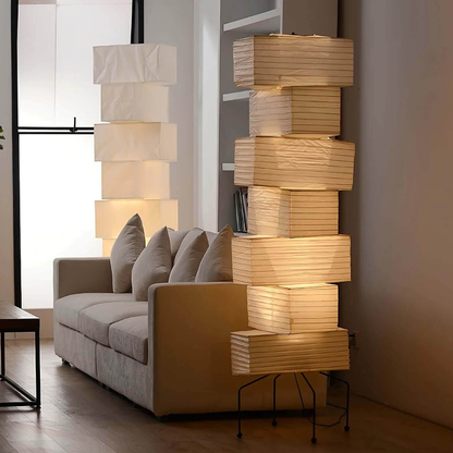 Floor Lamp with Stacked Staggered Rice Paper Lanterns and Metal Hairpin Legs