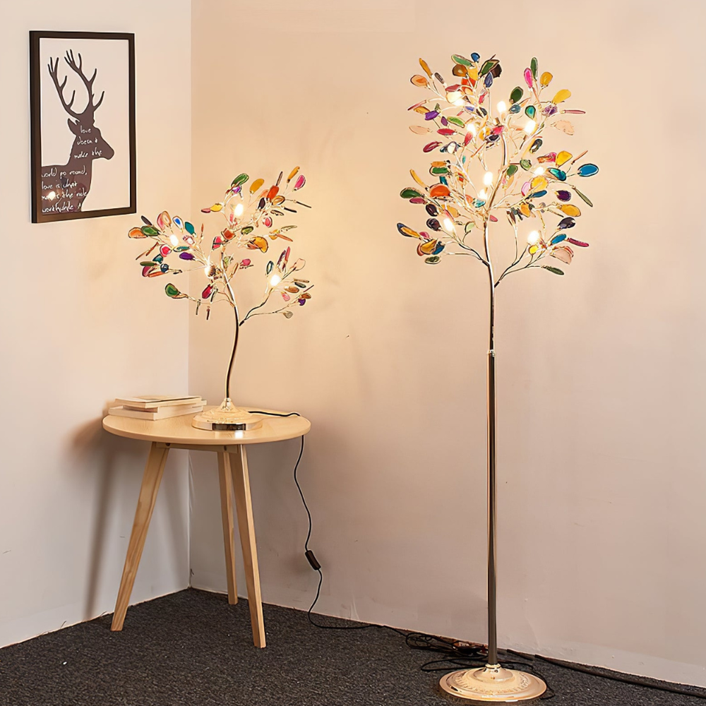 Floor Lamp with Natural Agate Stone Leaves and Metal Branching Frame