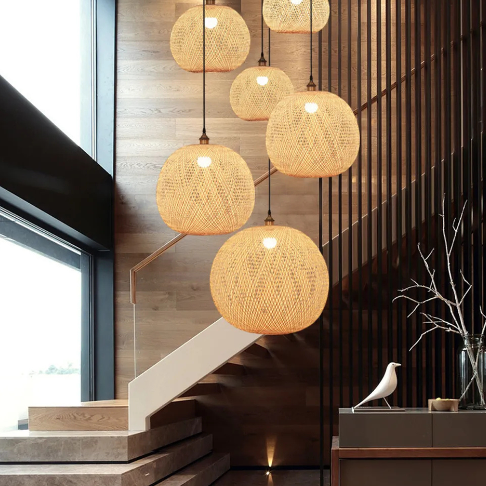 Hand-Woven Bamboo Sphere Pendant - Modern Lattice Hanging Lamp