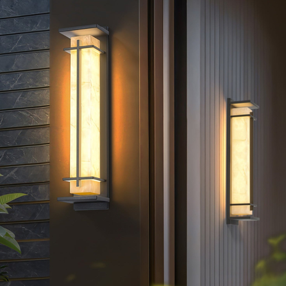 Outdoor LED Porch Lights with Faux Alabaster Column - Modern Mission