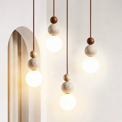 Wabi-Sabi Stacked Sphere Pendant Light - Travertine Stone, Wood, and Glass