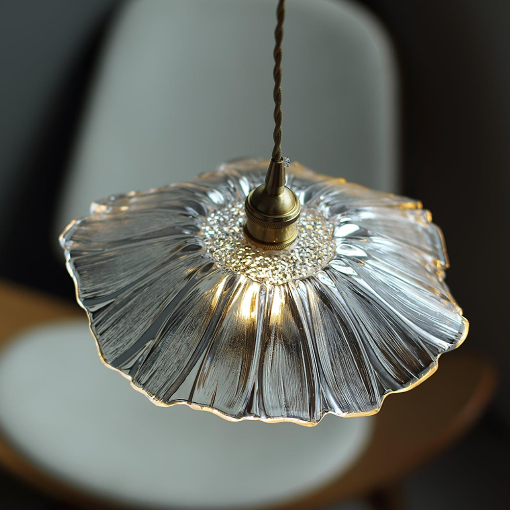 Ribbed Glass Flower Petal Pendant Light with Copper Hardware – Vintage Mid Century Style