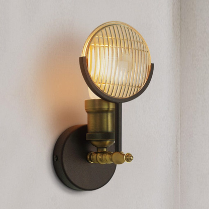 Industrial Wall Sconce with Fresnel Glass Lens - Vintage Ribbed Brass