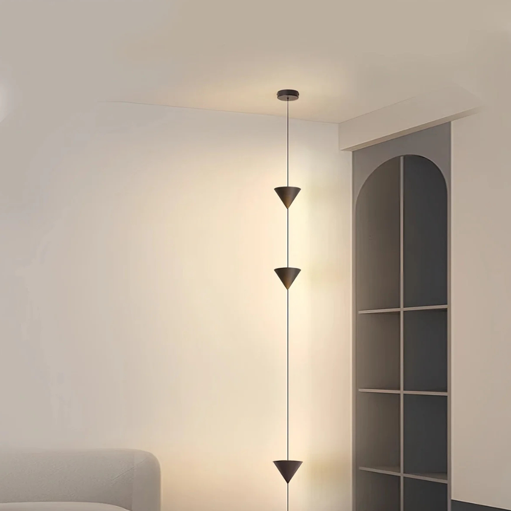 Adjustable Floor Lamp with Floor-to-Ceiling Cable and Geometric Cones - High Modern