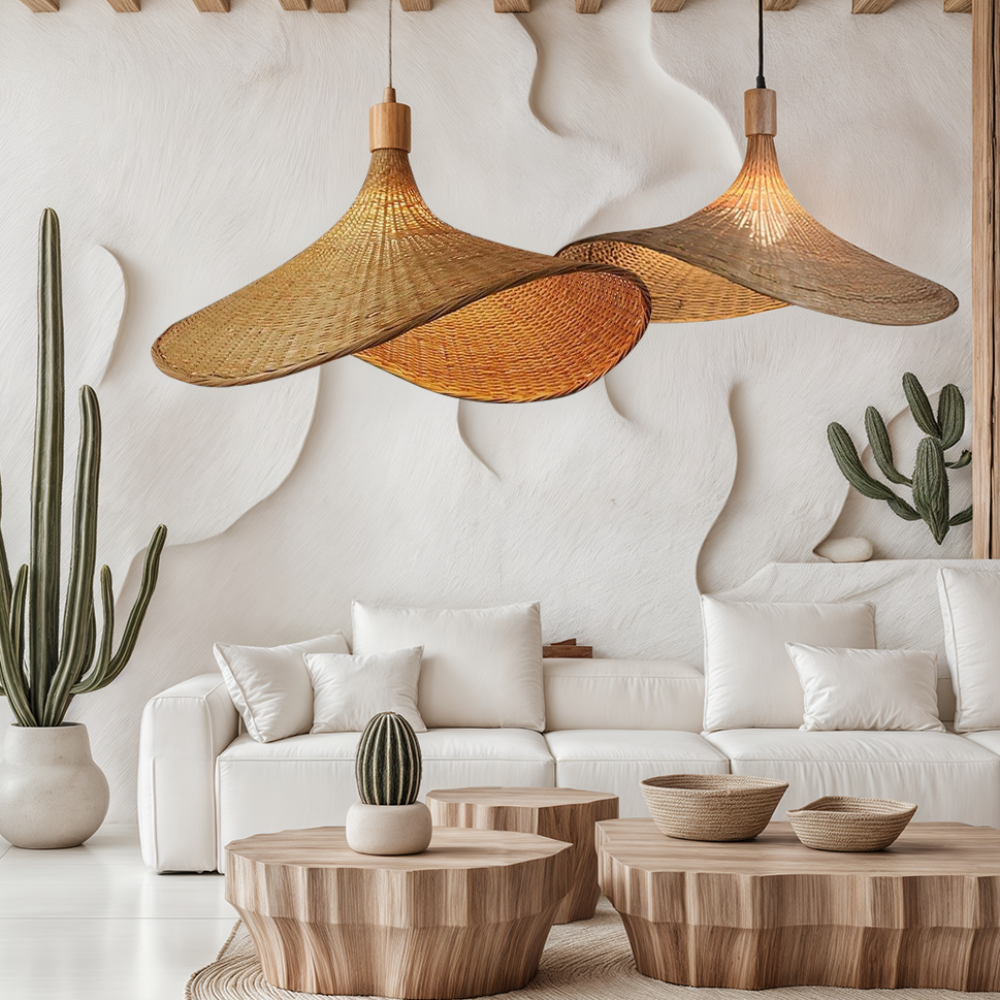 Woven Bamboo Sun Hat Pendant Light - Coastal Boho Decor