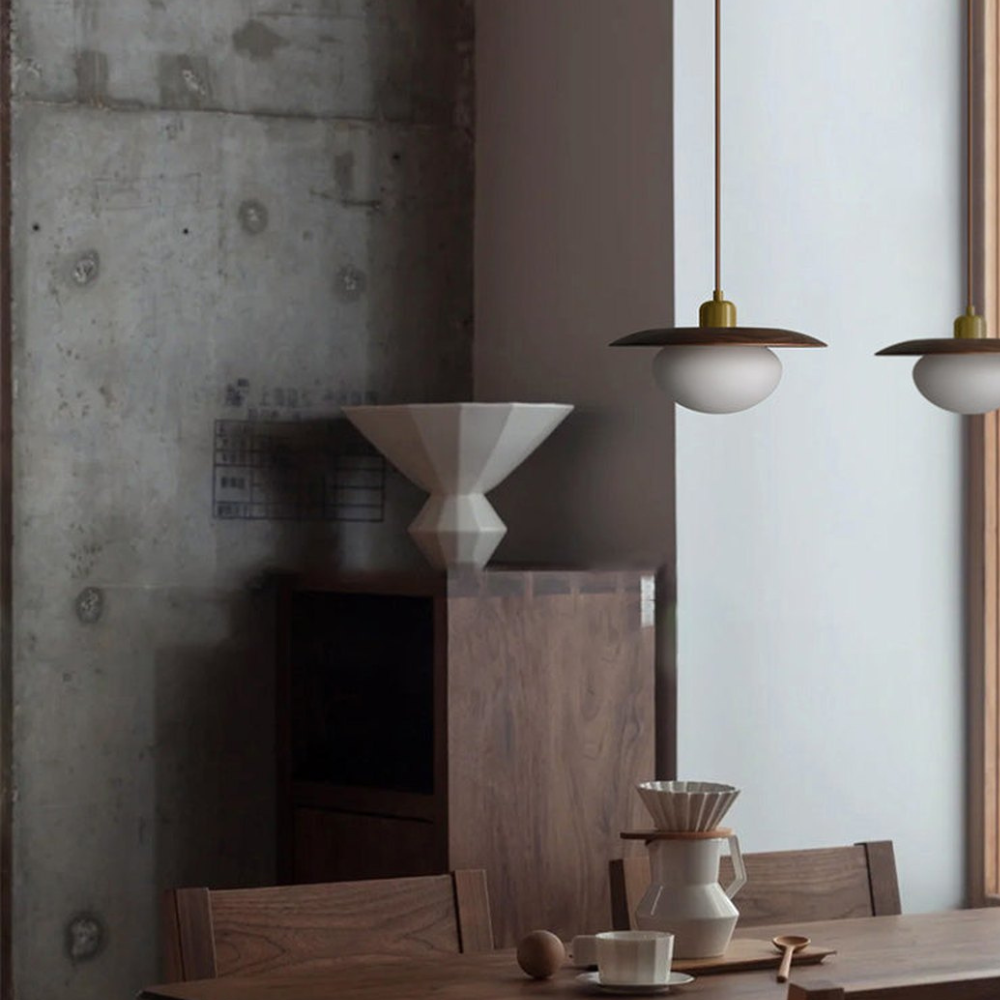Modern Pebble Glass & Timber Pendant Light - Japandi Disk Pendant Lights