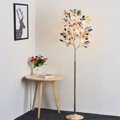 Floor Lamp with Natural Agate Stone Leaves and Metal Branching Frame