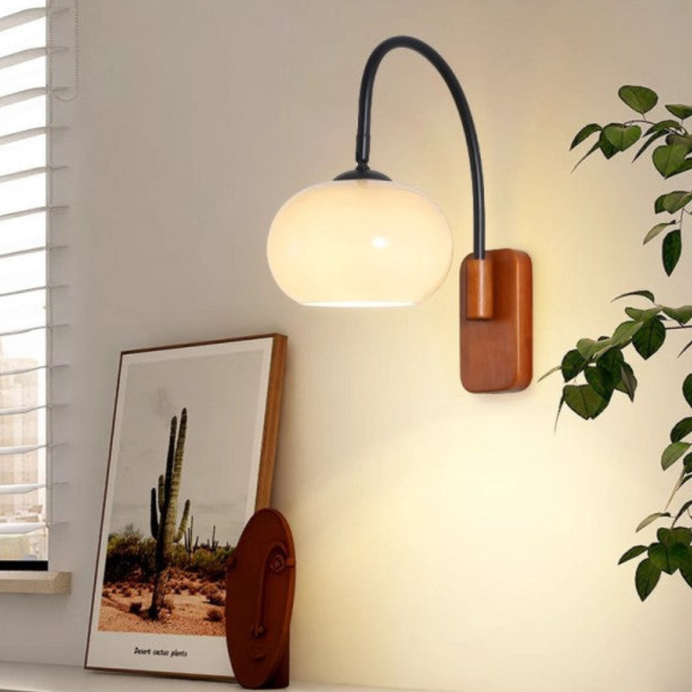 Arched Wall Sconce with Wood Base  - Bauhaus Mid Century