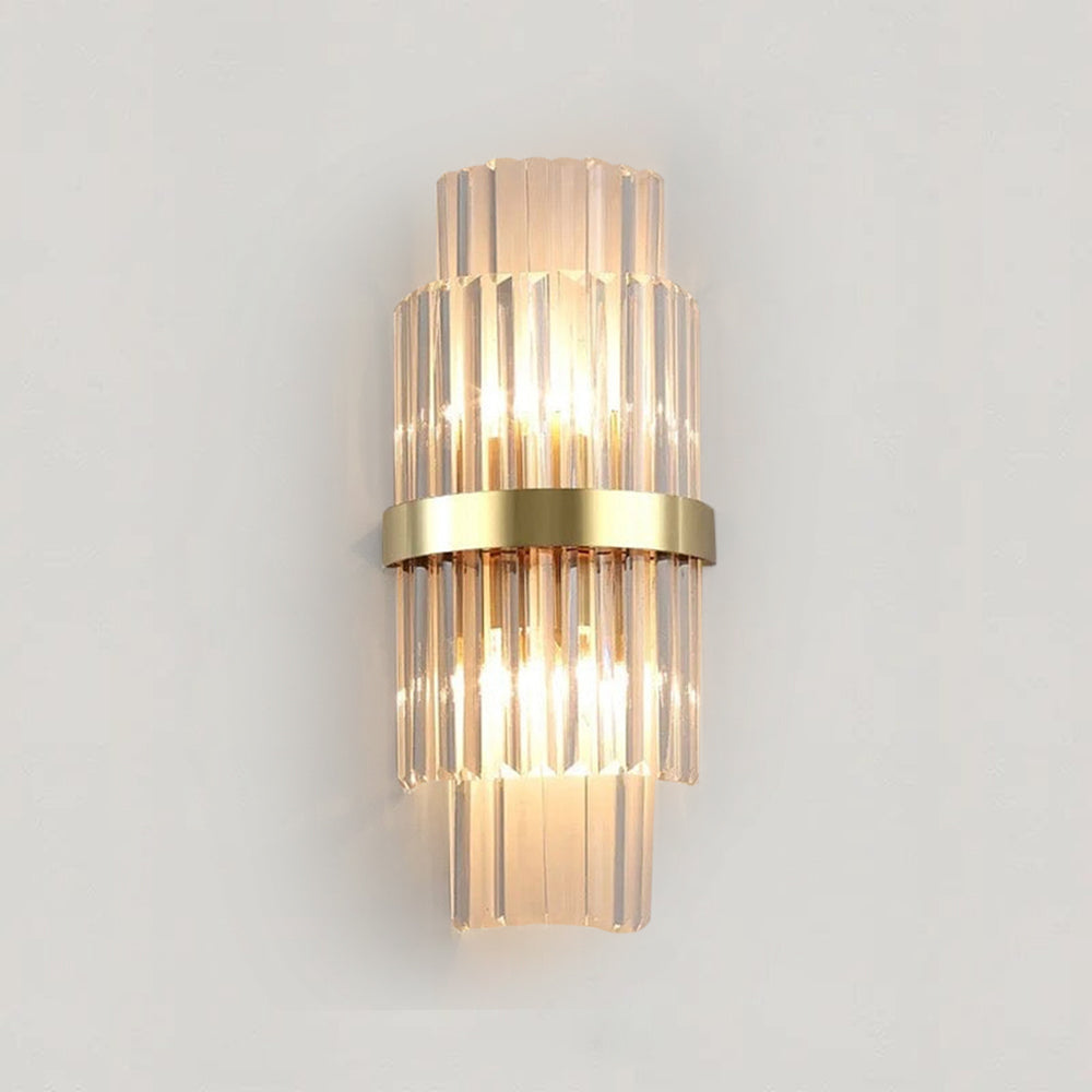 Tiered Crystal Prism Wall Sconce with Metallic Band - Art Deco Style