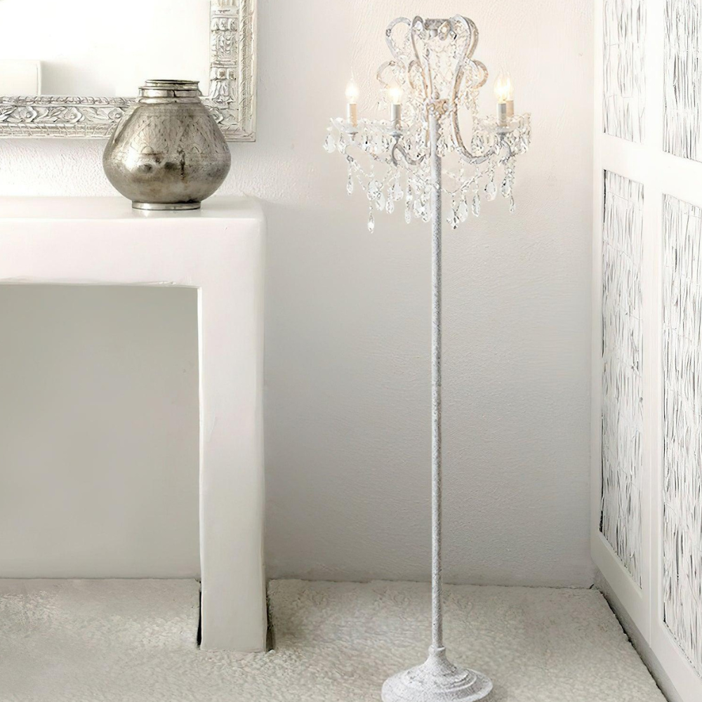 Dimmable Floor Lamp with Ornate Iron Scrollwork and Faceted Crystal Strands