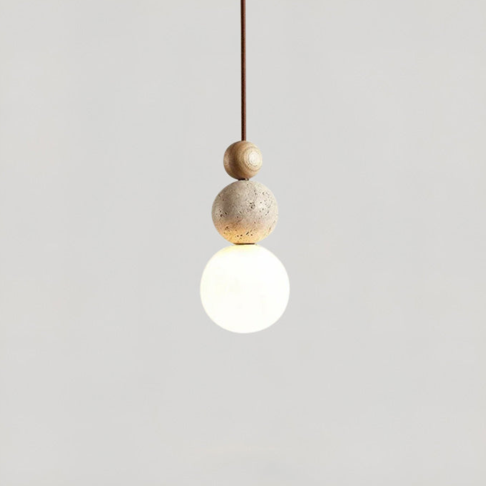 Wabi-Sabi Stacked Sphere Pendant Light - Travertine Stone, Wood, and Glass