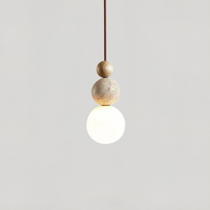 Wabi-Sabi Stacked Sphere Pendant Light - Travertine Stone, Wood, and Glass